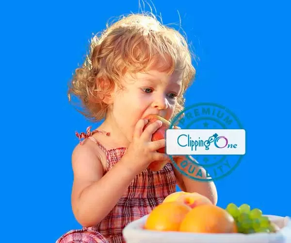 Cute baby eating mango visual for complex background removal advanced image masking applied