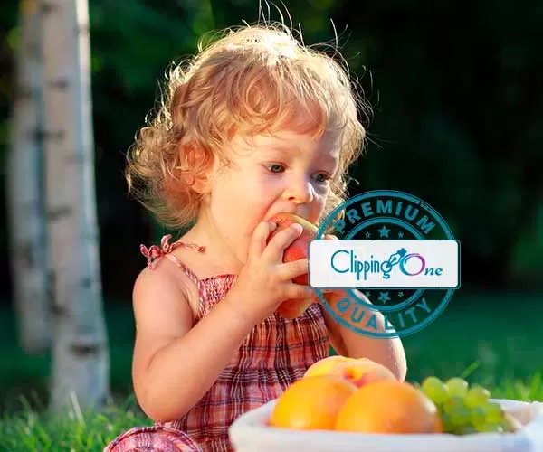 Cute baby eating mango visual for complex background removal image masking