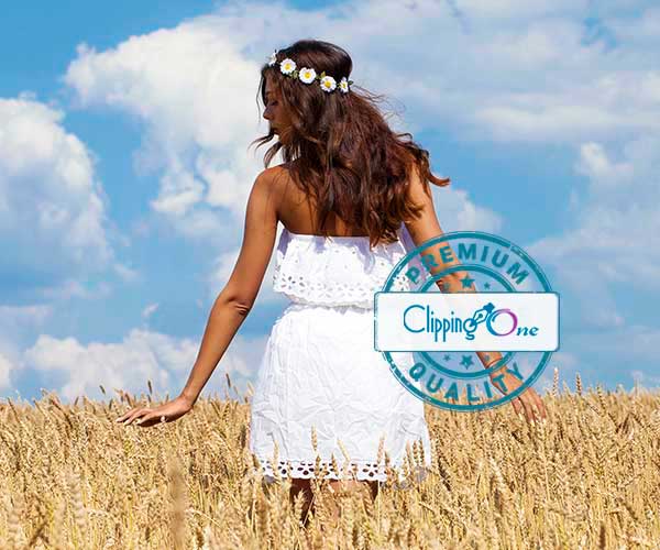 Young woman in wheat golden field visual before sky removal photo masking service