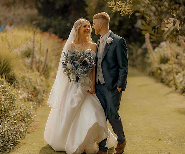 Bride and groom standing in a garden wedding photo editing before visual