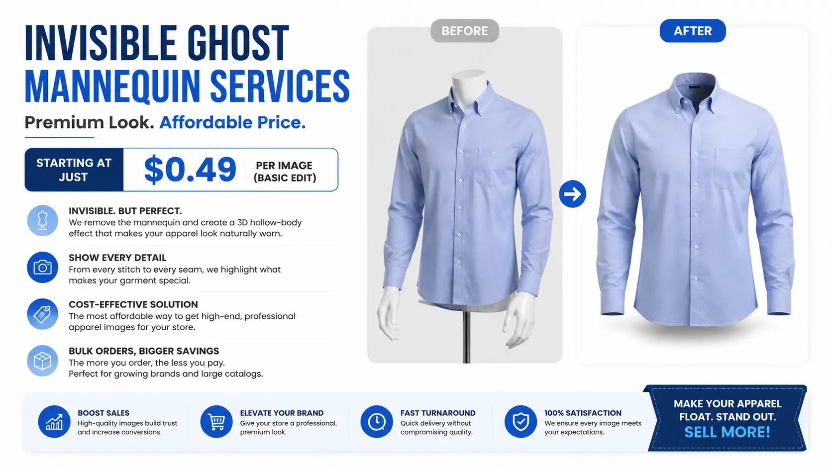 Before and after example of professional invisible ghost mannequin service showing a shirt with mannequin removed and clean 3D hollow effect