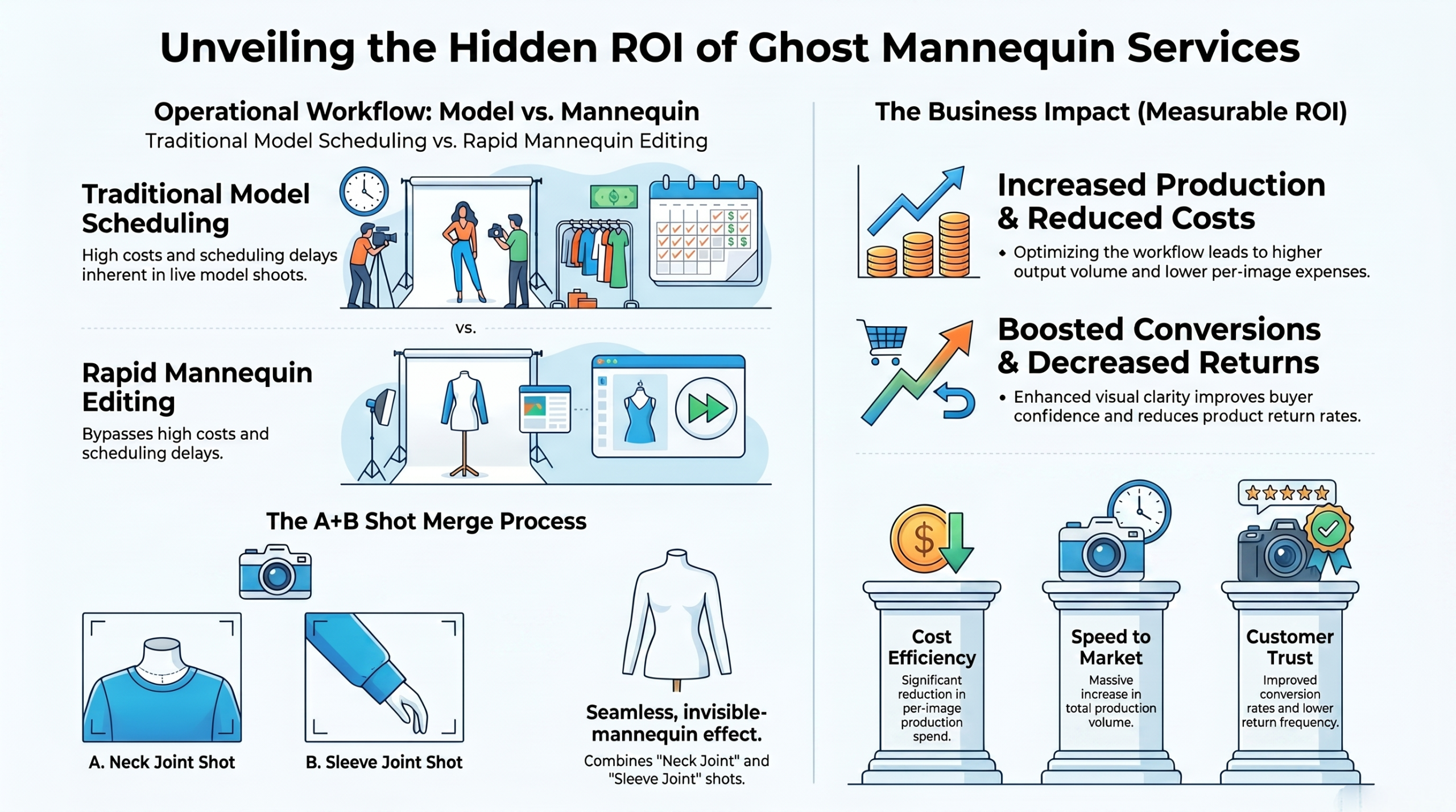Professional ghost mannequin service editing process showing a before and after invisible mannequin effect.
