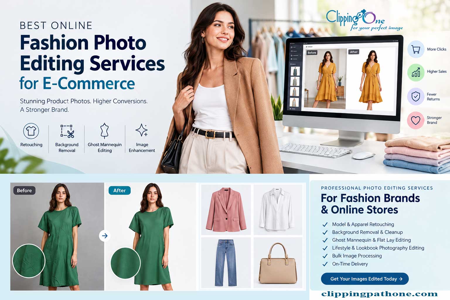 Best online fashion photo editing services for e-commerce clothing brands, including apparel retouching and background removal.
