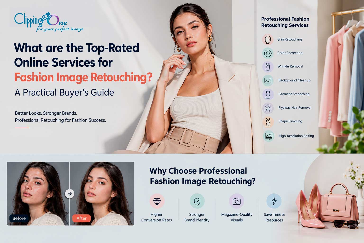 Professional fashion image retouching showing natural skin refinement, garment wrinkle removal, color correction, and background cleanup for ecommerce clothing photography.
